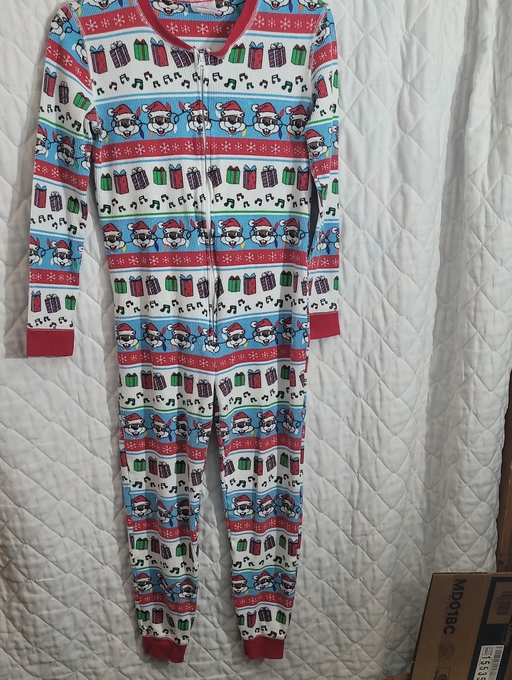 Kids Holiday Print Pjs. One-Piece Pajamas - Red, Blue & White   Youth Large.